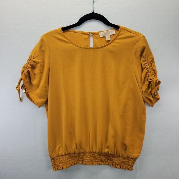 Michael Kors Blouse S Yellow Gold Hem Roll Ruffled Sleeve Gold‎ Charm Logo - Picture 1 of 13